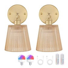 Vintage Battery Operated Wall Sconce with Amber Stripe Glass Lampshade Rechar...
