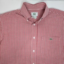 Lacoste France Mens 38 Small Red Gingham Seersucker Shirt 100 Cotton Croc Logo