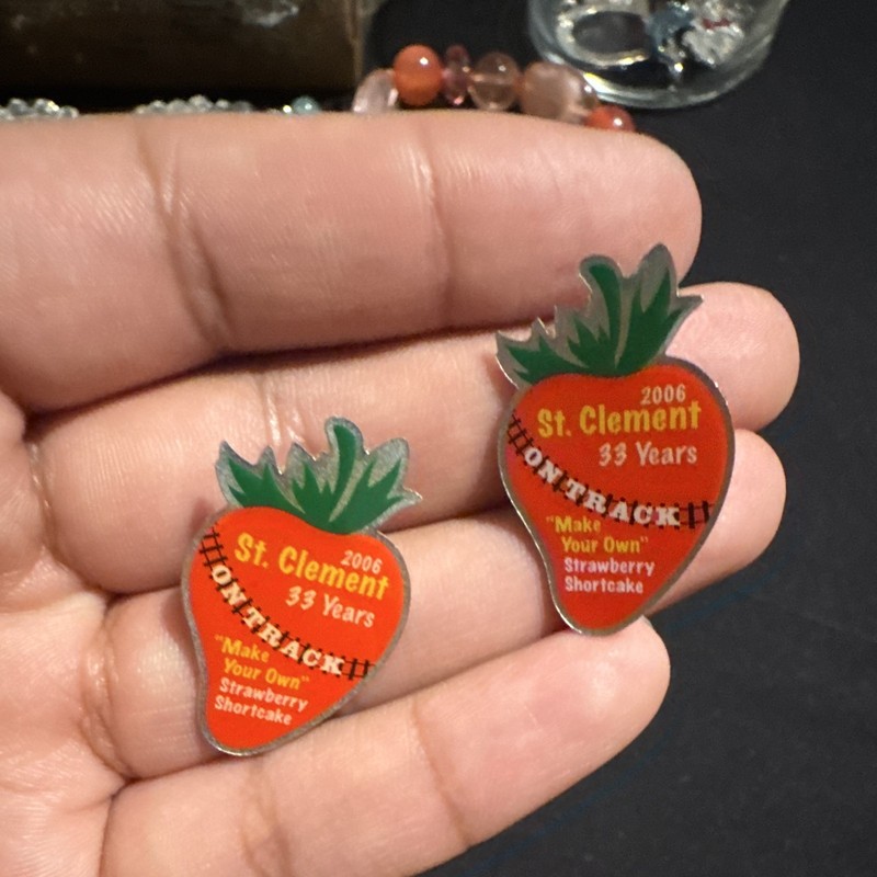 Lot of 2 Strawberry Pinback Pins - 2006 St. Clement 33 Years HomeTrack It