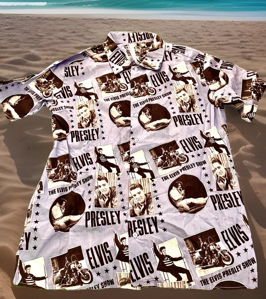 Camisa de Campamento Elvis Presley Unisex Nueva con Etiquetas Azul Periwinkle con Elvis Vintage Retro Lk Lg Foto 3 de 4