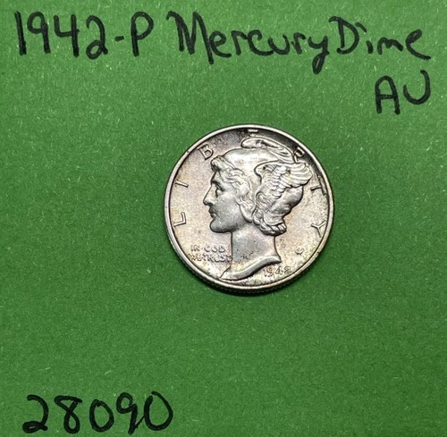 1942-P Mercury Dime 10c AU About Uncirculated 90% Silver See Pictures