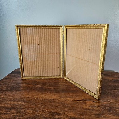 Vintage Gold Tone Ornate Embossed Double Folding Hinged Picture Frame Stand 7x5