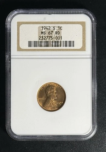 1942-S LINCOLN WHEAT CENT IN OLD STYLE HOLDER - NGC MS 67 RD