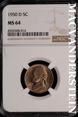 1950-D Jefferson Nickel - NGC MS 64 - Brilliant Unc  No Reserve  #SLi155