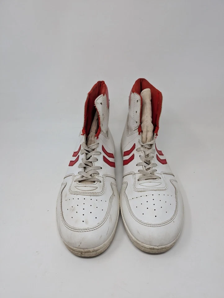 (Hombre 101/2) VERDADERO VINTAGE AÑOS 70 U 80 Cuero Alto Zapato de Baloncesto Rojo Blanco Foto 2 de 4