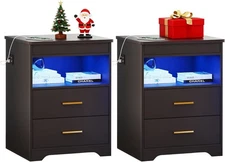 Gurexl Night Stand Set of 2 with Gun Drawer, LED End Table with Charging Station