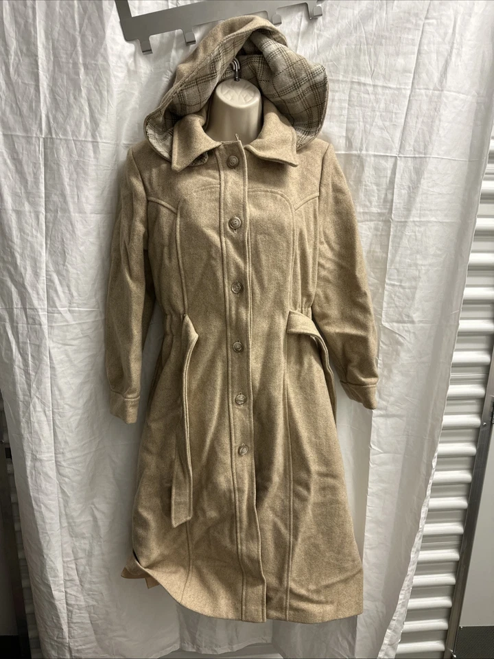 Gabardina vintage para mujer mezcla de lana beige forrada a cuadros capucha con cinturón se adapta a pequeña Foto 2 de 4