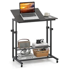 Mobile Stand up Desk w/ Tilting Tabletop Storage Shelves Wheels for Living Room
