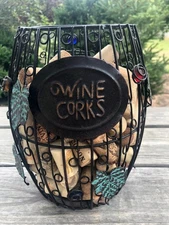 Black Barrel Metal Wine Cork Holder with Leaf Ornaments W/122 Corks About 8"x7"