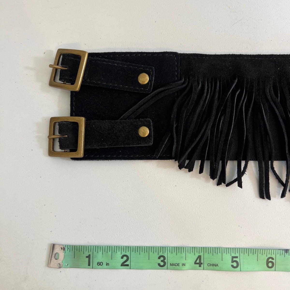 Womens Black Suede Fringe Double Buckle Corset Waist Belt Sz 