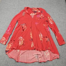 Free People Dress Womens M Red Floral Trapeze Swing Hi Low Long Sleeve Boho