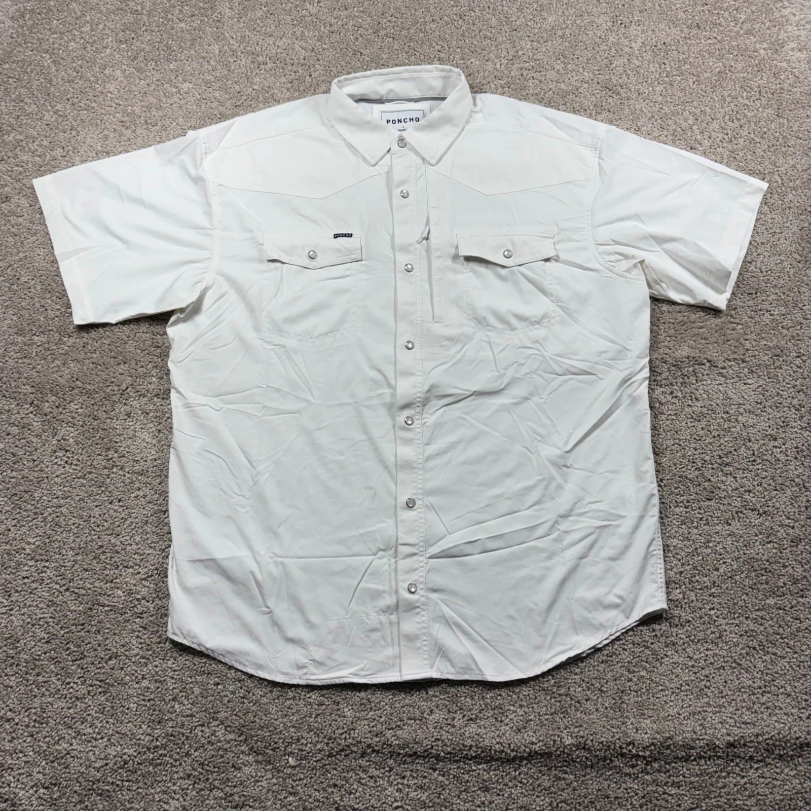 Poncho The Del Rio Mens Large White Short Sleeve Western Pearl Snap Shirt Nylon
Opens in a new windo