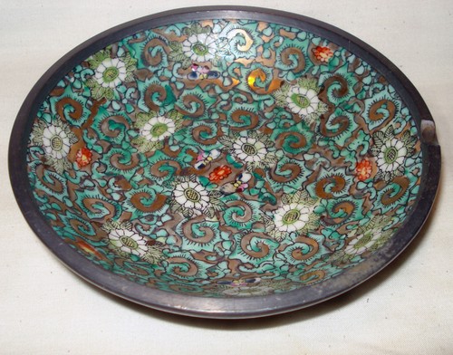 ACF Japanese Porcelain Painted Flowers Scroll Gold Pewter Encased 5 7/8” Bowl