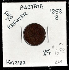 1858 B 5/10 Kreuzer AUSTRIA KM2182 World Coin XF+