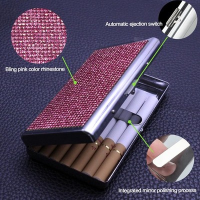 crystal cigarette holder HUMWE Bling Rhinestone Crystal Cigarette Case for Women Men, Metal Pink