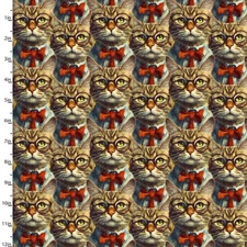 3 Wishes Fabric | Purrfectly Playful Packed Cats in Bow Ties Brown | YARD