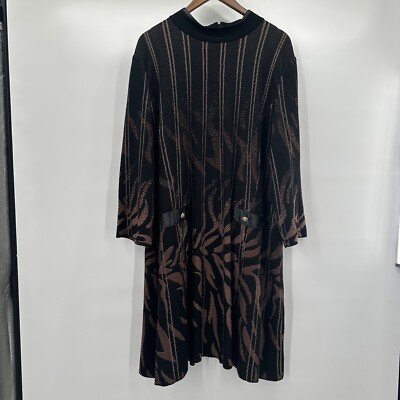 Ming Wang Dress Womens 1X Brown Black Slinky Knit Career Office Modest