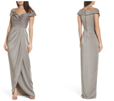 LA FEMME Pewter 25206 Surplice Off the Shoulder Portrait Collar Column Gown 8