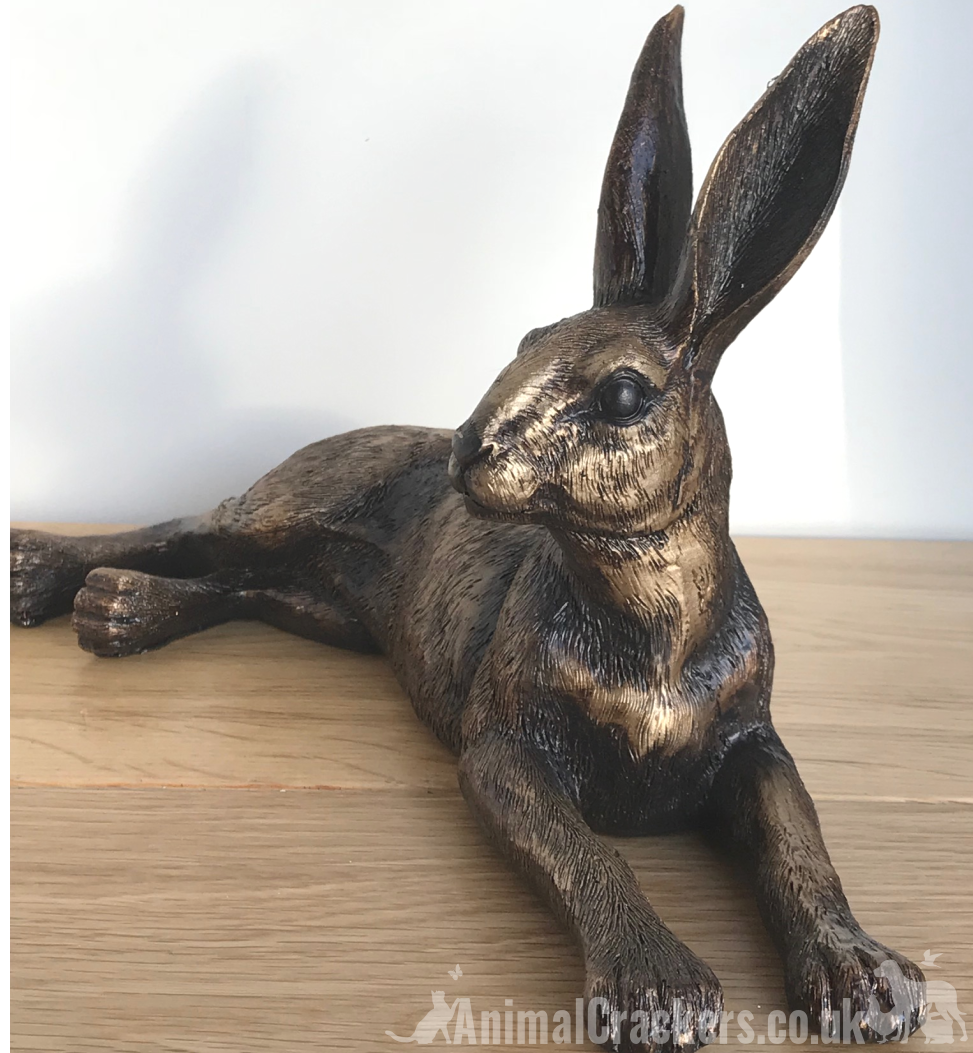 Large 25cm Bronze effect laying Hare ornament sculpture figurine hare