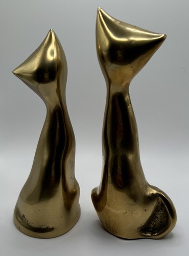 Coppia di statuine statuine gatto in ottone moderno metà secolo alte 6" e 7" - Foto 2 di 3