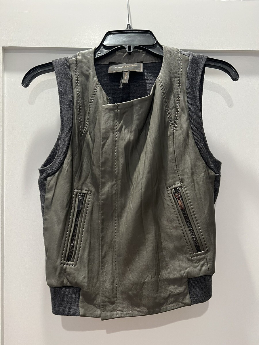 BCBG Maxazria Real Leather Moroni Wool Vest Zip Up Gray Fall size S
