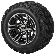 (4) Golf Cart 18x9.50-10 Black Trail A/T Tire on 10x7 Black/Machined Yukon Wheel