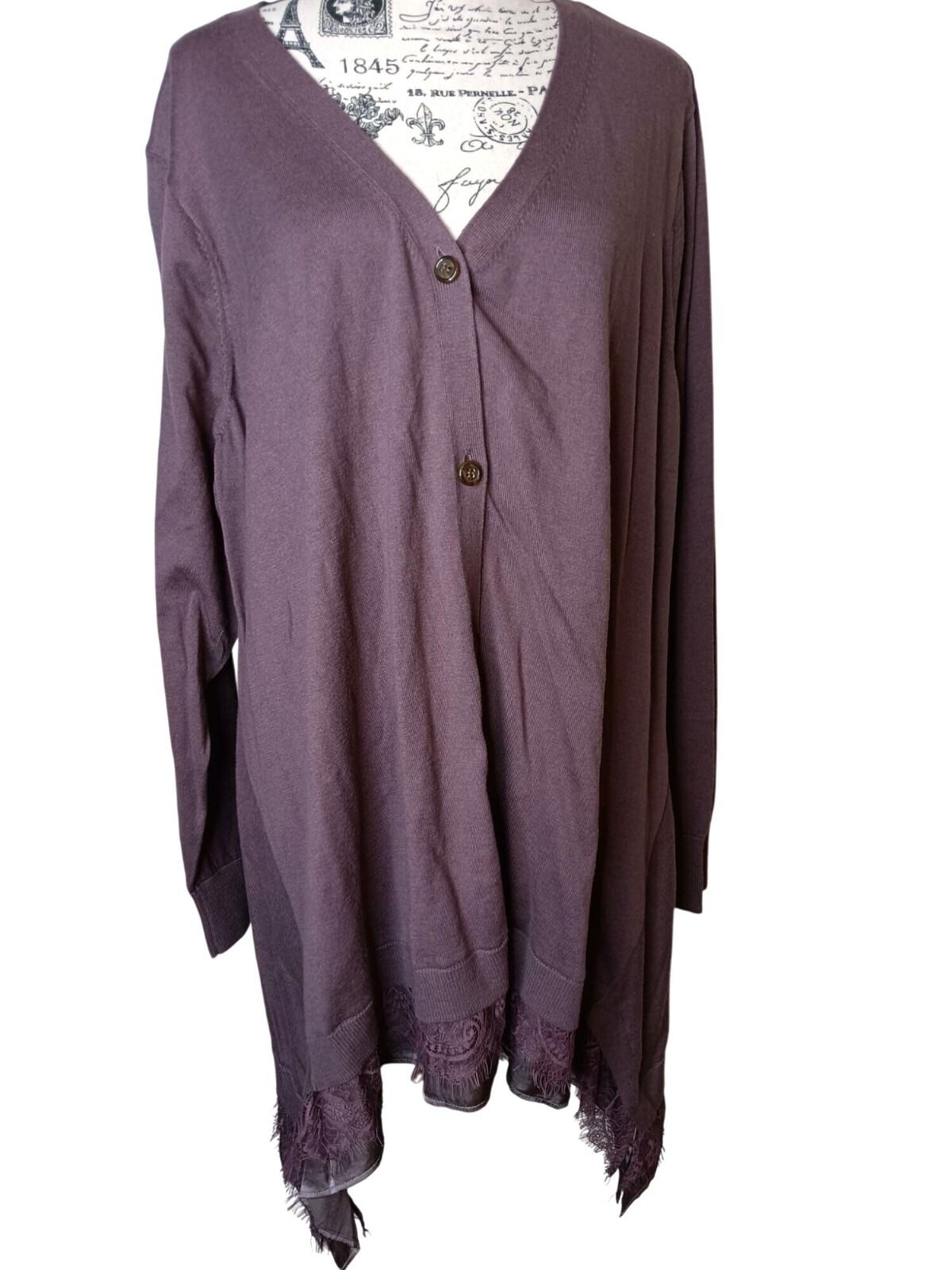 Logo Lori Goldstein 3X Tunic Top Dress Button Front Lace Trim, Lagenlook V Neck