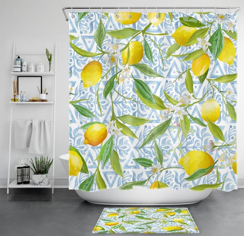 Summer Yellow Lemon White Floral Beige Shower Curtain Bathroom Accessories Set - Picture 18 of 20