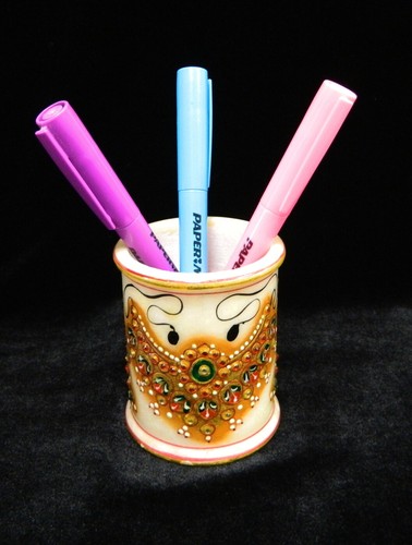VTG Alabaster JEWELED Pen Pencil Holder HINGED BOX Office Desk INDIA Fast Ship - Picture 6 of 15