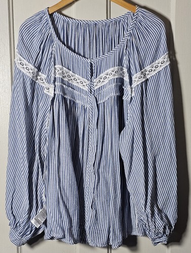 Old Navy Top Plus Size XXL Blue White Stripe Button-Up Lace Peasant Cottagecore - Picture 19 of 24