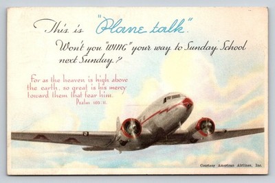 Vintage American Airlines DC-3 Plane Talk Sunday School Postcard Burlington VT