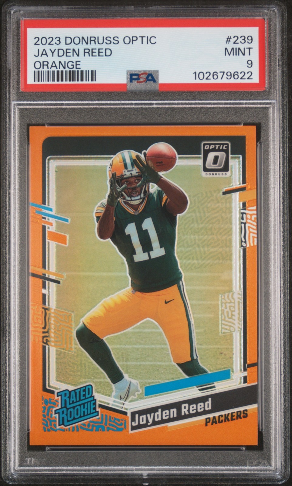 2023 Donruss Optic Jayden Reed Orange /249 RATED ROOKIE PSA 9 #239 Packers
