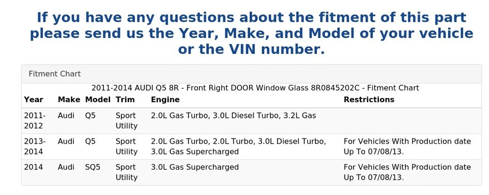 2011-2014 AUDI Q5 8R - Front Right DOOR Window Glass 8R0845202C - Image 4 of 4