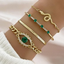 4Pcs/Set Women Green Imitation Gemstone Rhinestone Chain Bangle Bracelet US