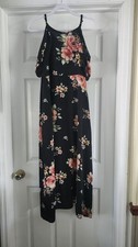 Boho Black Floral Cold Shoulder Maxi Dress Summer Tropical Vacation Women's D23