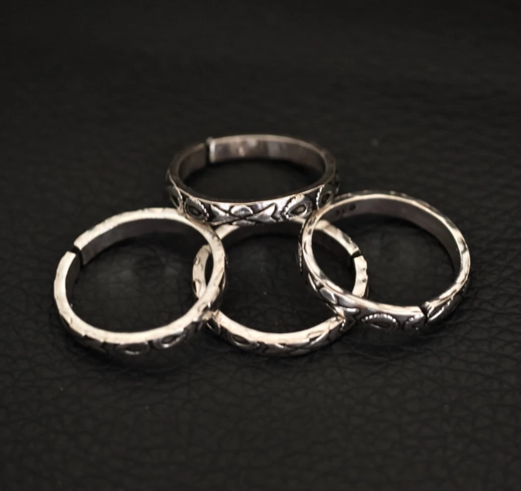 925 Sterling Silber Floral Zehenring Set Verstellbar Boho Oxidiert Fußschmuck