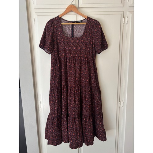 Madewell Tiered Midi Dress Burgundy Floral Boho Cottagecore Short Sleeve Size 6