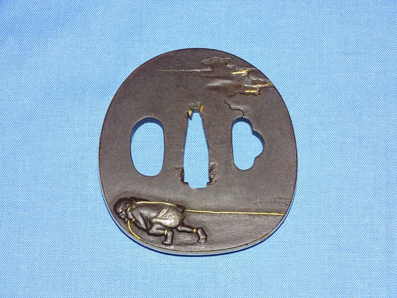 Japanese Samurai Sword Guard TSUBA, Iron w/ Mixed Metal, Gold Rim & Signed (#22)