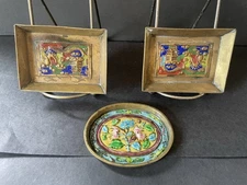 Set 3 Brass Trinket Dish Asian Cloisonné Enamel Embossed Painted Small Trays
