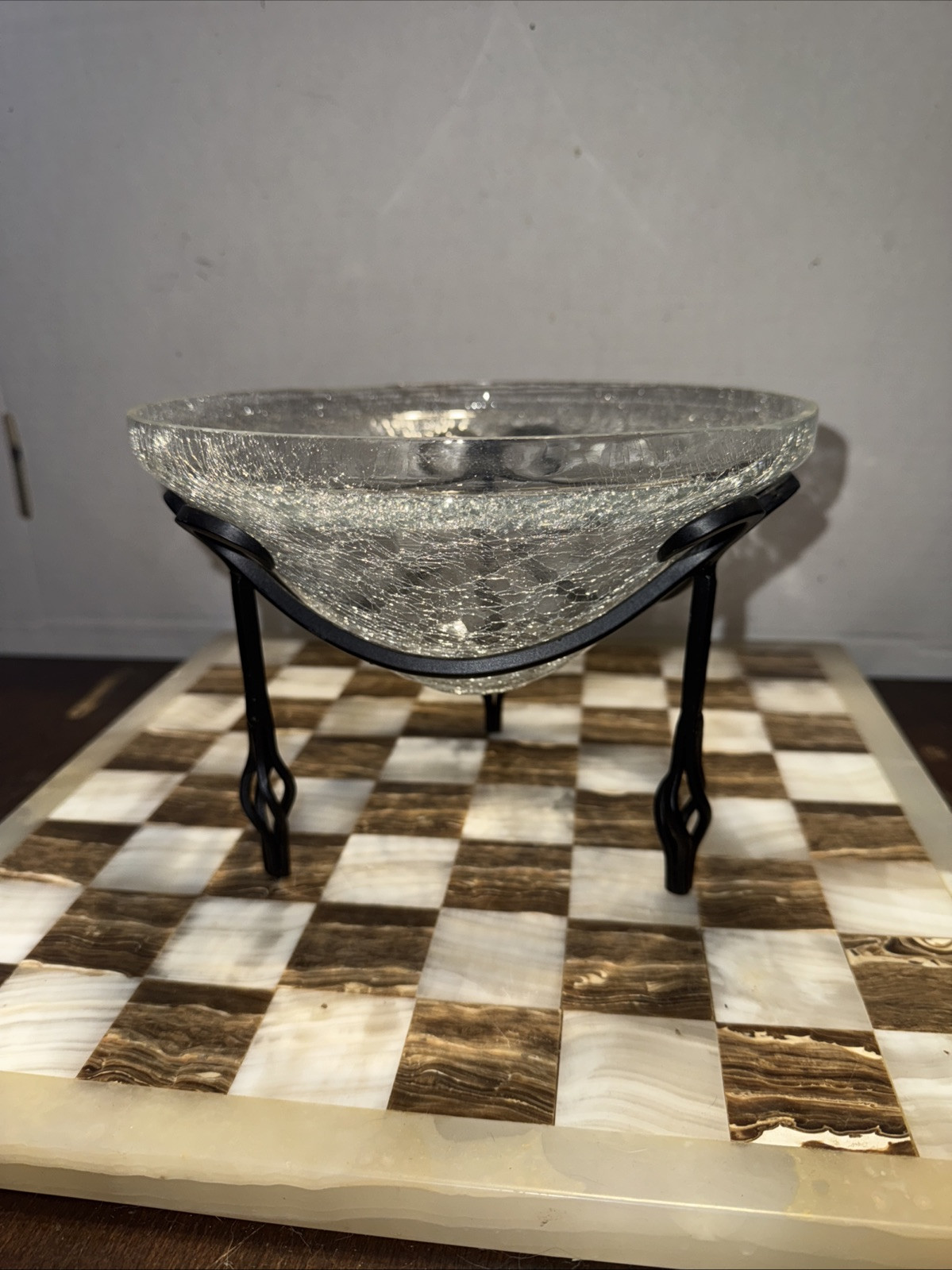 VTG Crackled Glass, Potpourri, Candle Holder Twisted Iron MCM Design 8”x6”