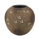 Japanese Shigaraki Ware Ceramic Flower Vase Vtg Kabin Round Brown Floral FK217