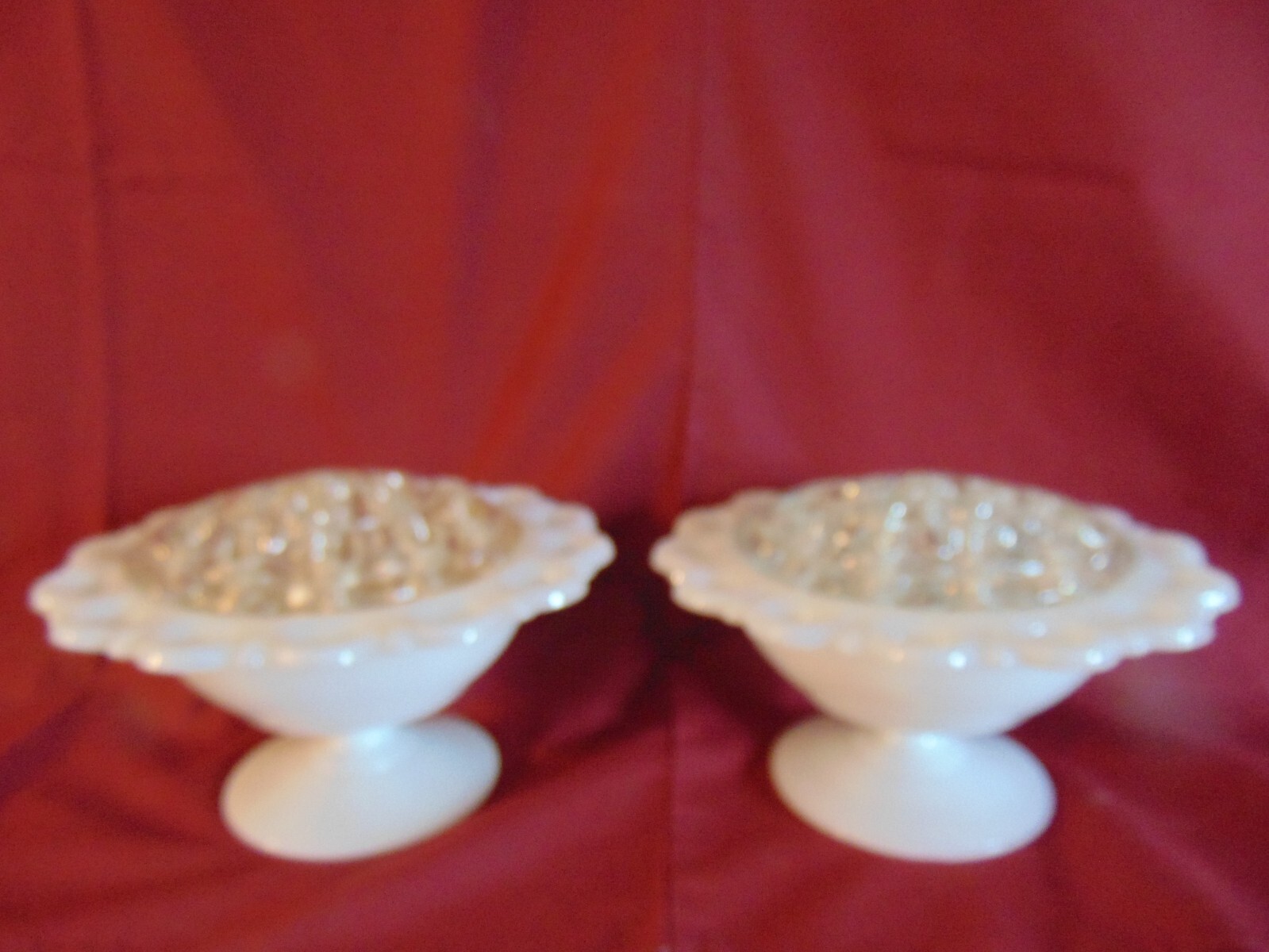 Set of 2 open lace milk glass pedestal vases with 16 hole glass frogs