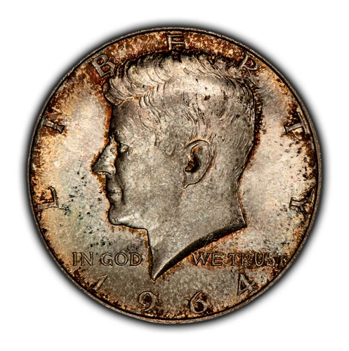 1964 50c Kennedy Silver Half Dollar - Colorful Accent Toning - BU - SKU-Z4984