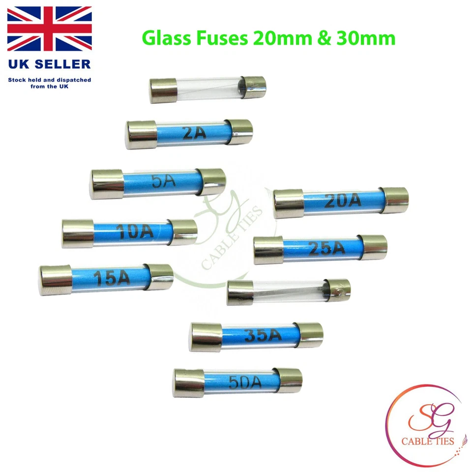 SG CABLETIES Glass Fuses 20mm And 30mm Radio Fast Acting Quick Blow Glass Fuse 1 To 50Amp