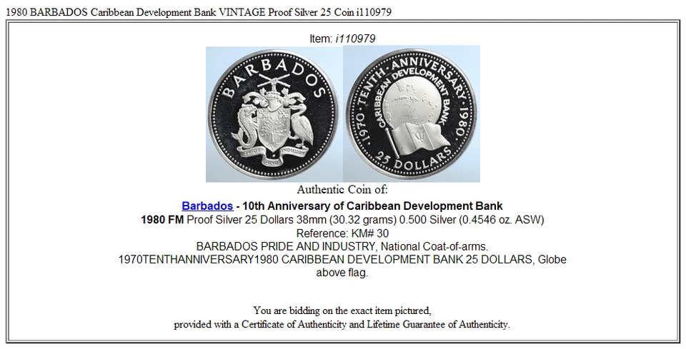 1980 BARBADOS Caribbean Development Bank VINTAGE Proof Silver 25 Coin i110979 - Image 3 of 3