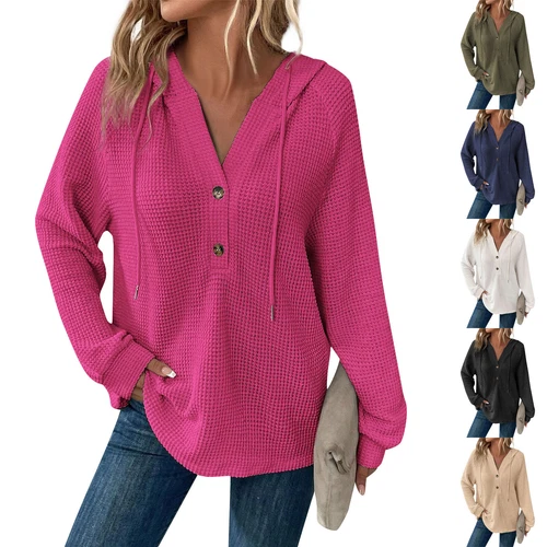 Women's hooded waffle knit button V-neck long sleeved sweater sweatshirt top- - Bild 5 von 43