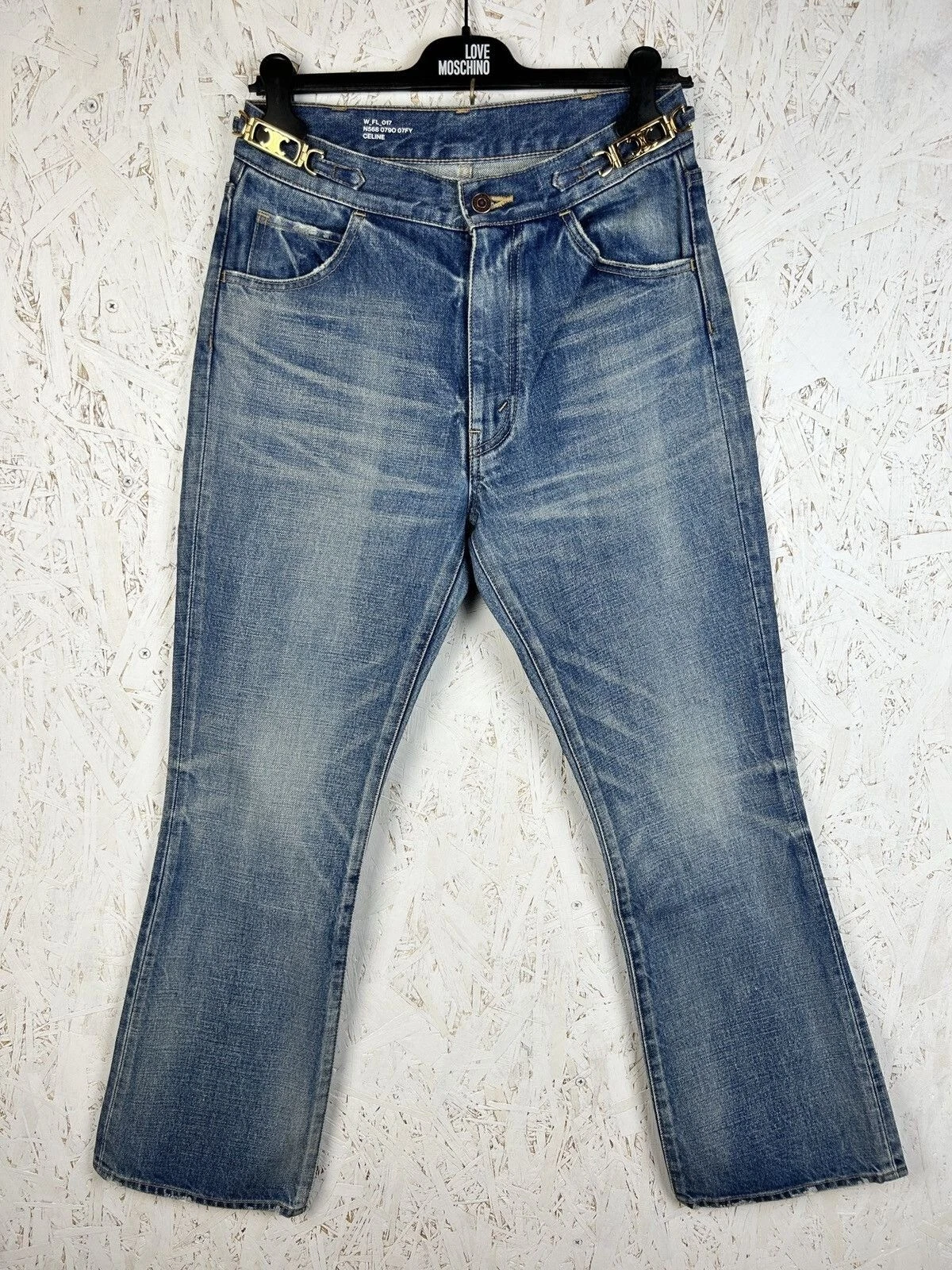 Celine — Celine Hedi Gold Triomphe Union Wash Bootcut Denim Jeans Size 28