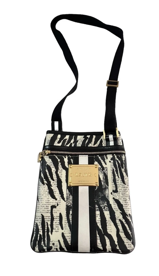L.A.M.B. GWEN STEFANI News Print Zebra Design Coated Canvas Crossbody Purse Bag