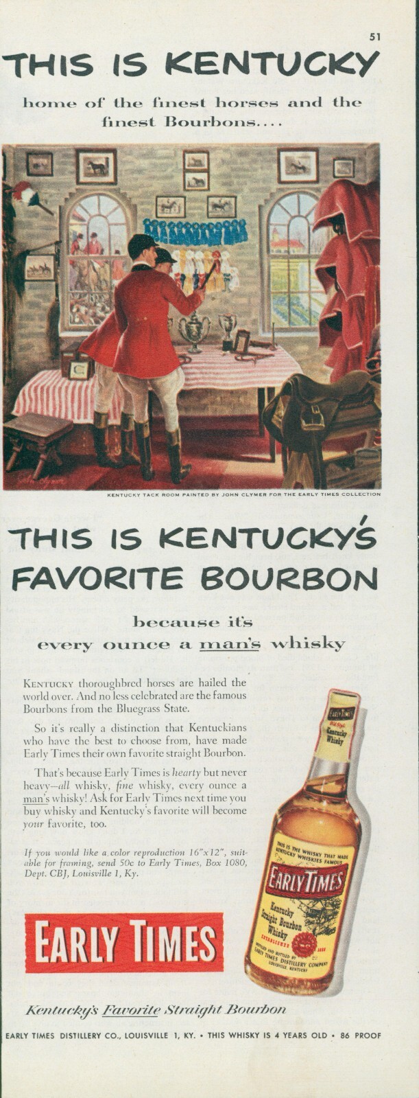 1952 Early Times Kentucky Bourbon Whisky Horse Riders Trophy Vintage Print Ad C7