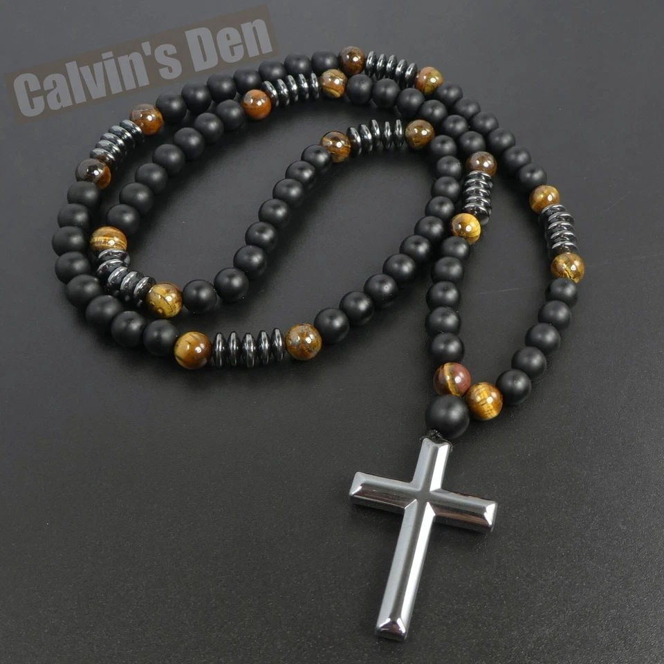Collar Colgante Cruz Hematita Negra Ojo de Tigre Obsidiana Negra Hombre Mujer Regalo Foto 2 de 4
